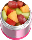 THERMOS FUNTAINER 10-ounce pink kids food jar filled with fruits, shown on a white background.