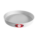 Fat Daddio’s silver anodized aluminum round cake pan, 14-inch diameter by 2-inch height, displayed on a white background.