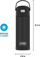 THERMOS FUNTAINER 16-ounce black matte insulated stainless steel kids water bottle with push-button lid and wide hygienic spout, shown with dimensions on a white background.