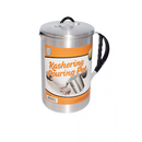 A large, silver aluminum pot with a lid, a black handle, and a spout. It has a label on the side with the words "Kashering Pouring Pot" and an image of someone pouring water from a pot over a utensil.
