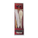 A packaged Bedikas Chametz set, containing a white feather, a wooden spoon, and a beeswax candle, with Hebrew text and "Bedikas Chametz Set With Beeswax Candle" printed on the red packaging.