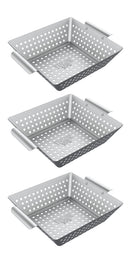 Set of 3 square, stainless steel grill baskets with side handles and perforations for even cooking.