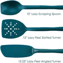 Rachael Ray 3-piece Lazy Tools utensil set in teal blue, including a scraping spoon, flexi slotted turner, and flexi angled turner, displayed neatly on a white background.