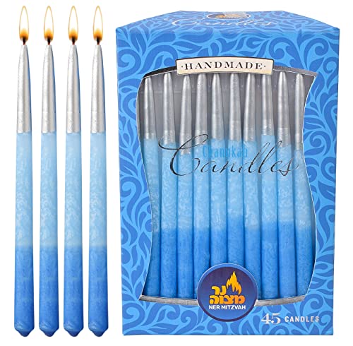 Dripless Chanukah Candles Standard Size - Decorated Ombre Blue & Silver Hanukkah Candles, 45 Count for All 8 Nights