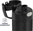 Close up of the THERMOS FUNTAINER 16-ounce black matte insulated stainless steel kids water bottle with push-button lid and wide hygienic spout, shown on a white background.