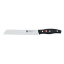 ZWILLING Twin Signature 8-inch bread knife with black ergonomic handle and serrated stainless steel blade, shown on a white background.