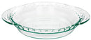 Clear Pyrex 9.5-inch round glass pie plate with contoured edges, shown on a white background.