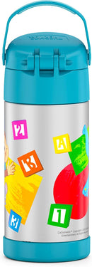 Cocomelon-themed THERMOS FUNtainer 12oz stainless steel kids straw bottle with a soft-touch carry handle, displayed on a white background.