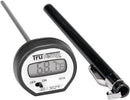 A black digital stem thermometer with a large LCD screen, showing a temperature reading of 68.7 degrees Fahrenheit. A black protective pocket sheath is shown next to it.