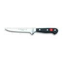 Wüsthof 6-inch boning knife with a narrow stainless steel blade and a black ergonomic handle, displayed on a white background.