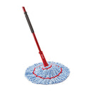 A red, handled mop with a large, round head made of blue, white, and red twisted microfiber strands.