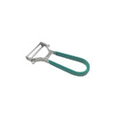 Y-shaped stainless steel peeler with a green ergonomic handle, shown on a white background.