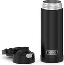 THERMOS FUNTAINER 16-ounce black matte insulated stainless steel kids water bottle with push-button lid and wide hygienic spout, shown on a white background.