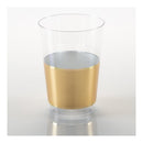 Clear plastic tumbler with a stylish metallic gold band around the lower half. Elegant disposable drinkware for parties, weddings, and special events.
