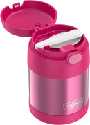 THERMOS FUNTAINER 10-ounce pink kids food jar with push-button lid and foldable spoon, shown on a white background.