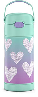 THERMOS FUNTAINER 12 Ounce Stainless Steel Vacuum Insulated Kids Straw Bottle, Purple Hearts