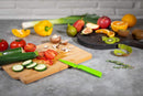Set of two paring knives, one straight green and one serrated orange, with protective sheaths.