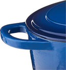 Blue enameled 7-quart cast iron Dutch oven with lid on a white background.