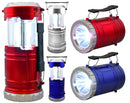 A collage showing a versatile 2-in-1 LED lantern and spotlight device in red, silver, and blue. The lantern expands upward, and the spotlight is a separate flashlight mode.