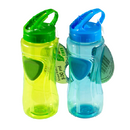 Two transparent sports bottles, one green and one blue, each with a contrasting flip-top lid and ergonomic design. The green bottle shows a label indicating "500 ml" and "BPA Free."