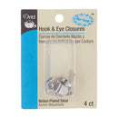 No-sew hook and eye closures made of nickel-plated steel.