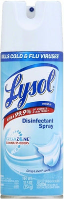 Lysol Sanitizing and Antibacterial Spray in Crisp Linen scent, 12.5 oz can, standing upright on a white background.