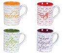 Four ceramic mugs with inspirational words written in cursive. Each mug has a different color theme: orange with 'Believe,' red with 'Faith,' green with 'Joy,' and purple with 'Live, Laugh, Love.' The designs feature a white background with repeating text patterns and matching colored interiors.