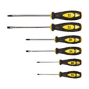 Set of six screwdrivers with black and yellow ergonomic handles and varying sizes of Phillips and slotted (flathead) tips, featuring the KC logo.