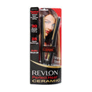 A Revlon Perfect Heat Ceramic flat iron with 1-inch plates in black and gold is shown in its packaging. The packaging highlights features like "Floating Plates," "30 Second Fast Heat-up," "25 Heat Settings," and "Auto Shut-off." A woman with sleek, straight hair is pictured on the packaging.