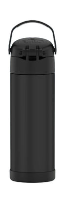 THERMOS FUNTAINER 16-ounce black matte insulated stainless steel kids water bottle with push-button lid and wide hygienic spout, shown on a white background.