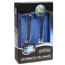 Two clear glass oil lamps in a box, labeled "Ner Mitzvah Clear Lights Shabbos Oil Lamps, Style