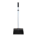 Black 12 inch lobby dustpan with silver long handle for easy upright cleaning