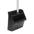 Black 12 inch lobby dustpan with silver long handle for easy upright cleaning