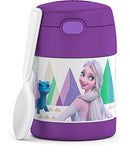 Frozen 2-themed THERMOS FUNtainer 10oz stainless steel kids food jar with a folding spoon, displayed on a white background.