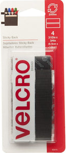 Velcro Brand Sticky Back fasteners in black, 4 sets of 3½ inches x ¾ inches (8.9cm x 1.9cm), perfect for organizing and securing items.