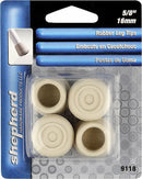 Clear retail packaging showing 4 white rubber leg tips with Shepherd Hardware branding.