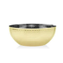 Godinger 6 Inch Stainless Steel Bowl has a rounded shape and is made of metal with a shiny, hammered gold finish on the exterior. The interior of the bowl is metallic black.
