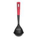 A versatile black nylon ladle by Starfrit, featuring a built-in skimmer function for easy separation of solids from liquids.
