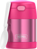 THERMOS FUNTAINER 10-ounce pink kids food jar with push-button lid and foldable spoon, shown on a white background.