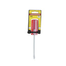 Flathead screwdriver with a red transparent handle, packaged in a yellow and black blister pack. Ideal for general-purpose screwdriving tasks.