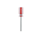 The screwdriver is packaged in a clear plastic blister pack with a yellow and black cardboard backing. The screwdriver itself has a silver shaft and a red and white handle.