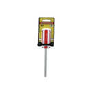 The screwdriver is packaged in a clear plastic blister pack with a yellow and black cardboard backing. The screwdriver itself has a silver shaft and a red and white handle.