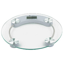 A round, transparent glass digital bathroom scale with a central LCD screen and four metallic feet.