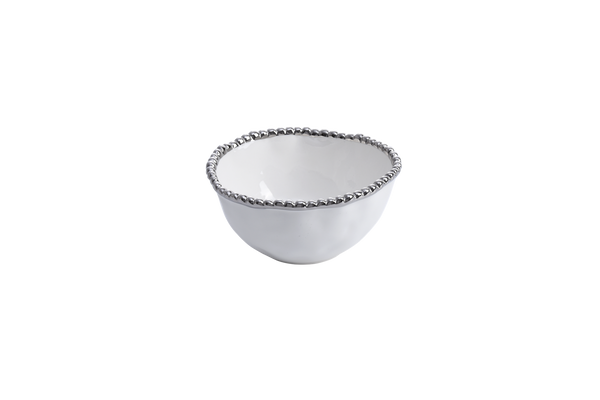 Ceramic white Snack Bowl with Silver Pearls