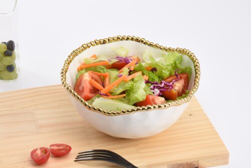 Medium Ceramic White Salad Bowl with Gold Pearls