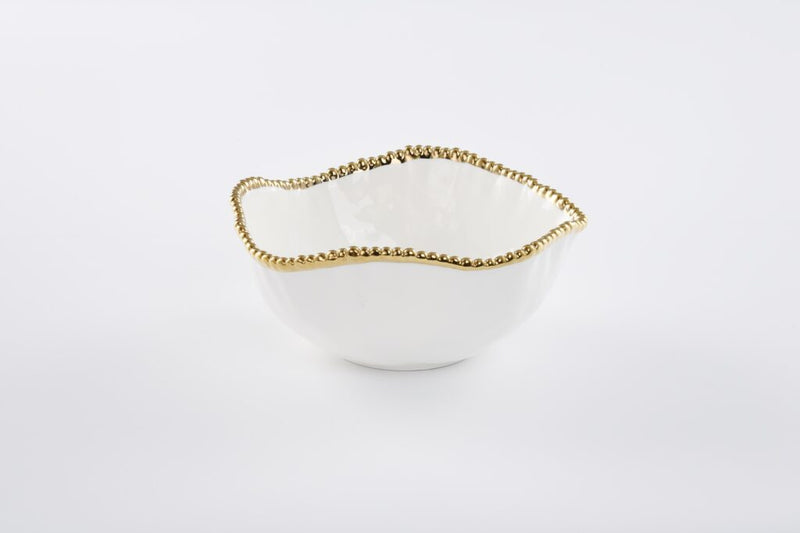 Large Ceramic White Salad Bowl with Gold Pearls