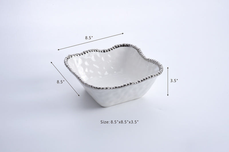 White Ceramic Bowl with Silver Pearls