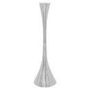 A tall, slender candlestick with an hourglass shape and a textured, hammered surface in a polished silver finish.