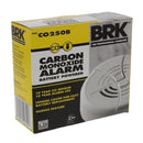 BRK CO250B battery-powered carbon monoxide alarm in its packaging, highlighting its 10-year sensor and alarm life, and hinged cover.