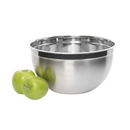 Large and durable stainless steel mixing bowl, ideal for various kitchen tasks, presented with fresh green apples.